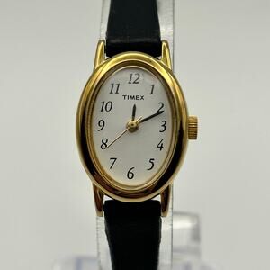 Timex Cavatina Gold-tone Oval Case Black Leather Women’s Watch  New Battery